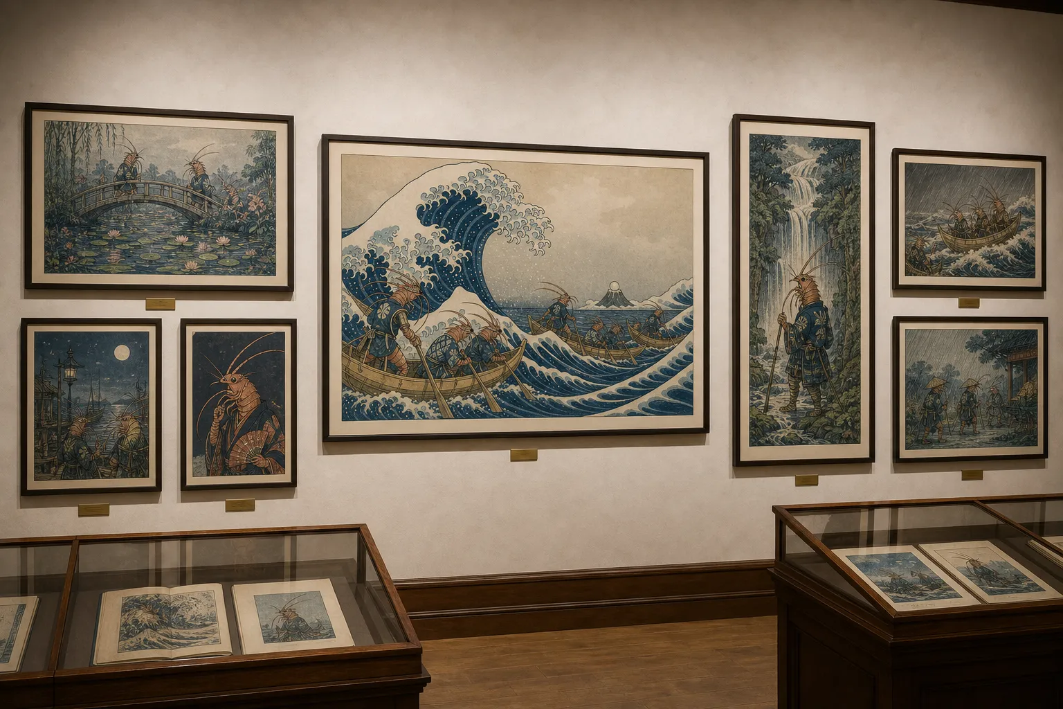 A museum print room with framed shrimp-folk ukiyo-e works, including a large blue wave print, bridge scenes, rain studies, waterfall prints, and wood display cases.
