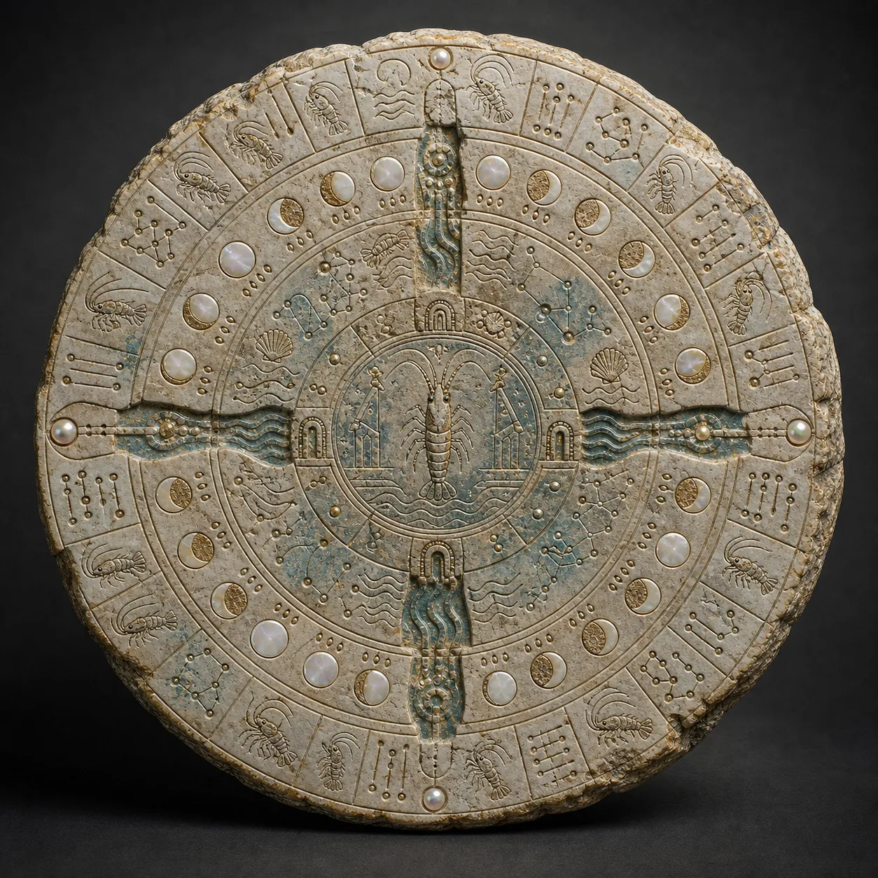 A circular carved shell-stone tide calendar with concentric glyph rings, pearl inlays, radial channels, and blue-green mineral traces.