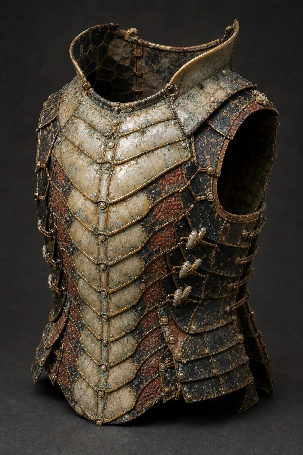 An ancient shrimp-folk lamellar cuirass with shell plates, black coral side panels, pearl rivets, a high open collar, and salt-patinated hinges.