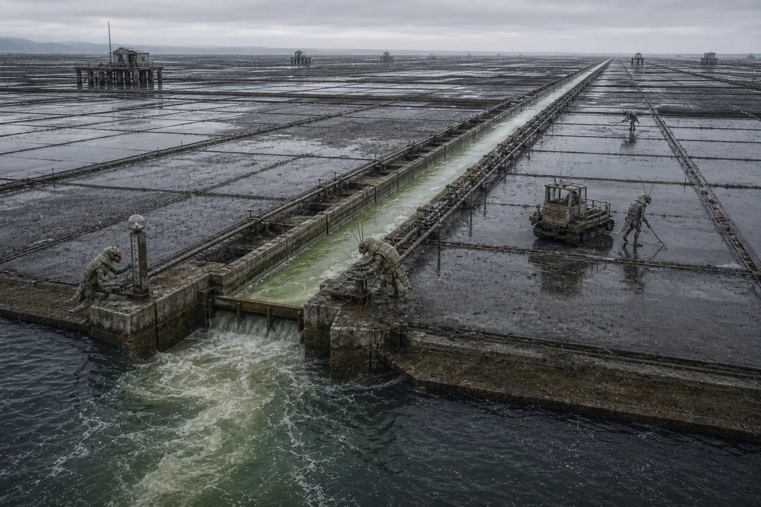 An elevated photograph of vast shrimp-folk tide-field agriculture at low water, with rectangular wet grids, a pale green runoff canal, claw-scaled valves, crawlers, and a few crustacean workers.