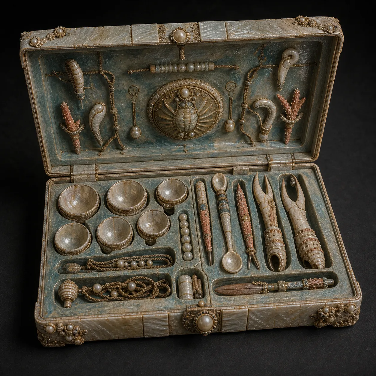 A fitted mother-of-pearl medical case with tiny shell cups, coral lancets, tide-mark measuring cords, and mineral-stained compartments.