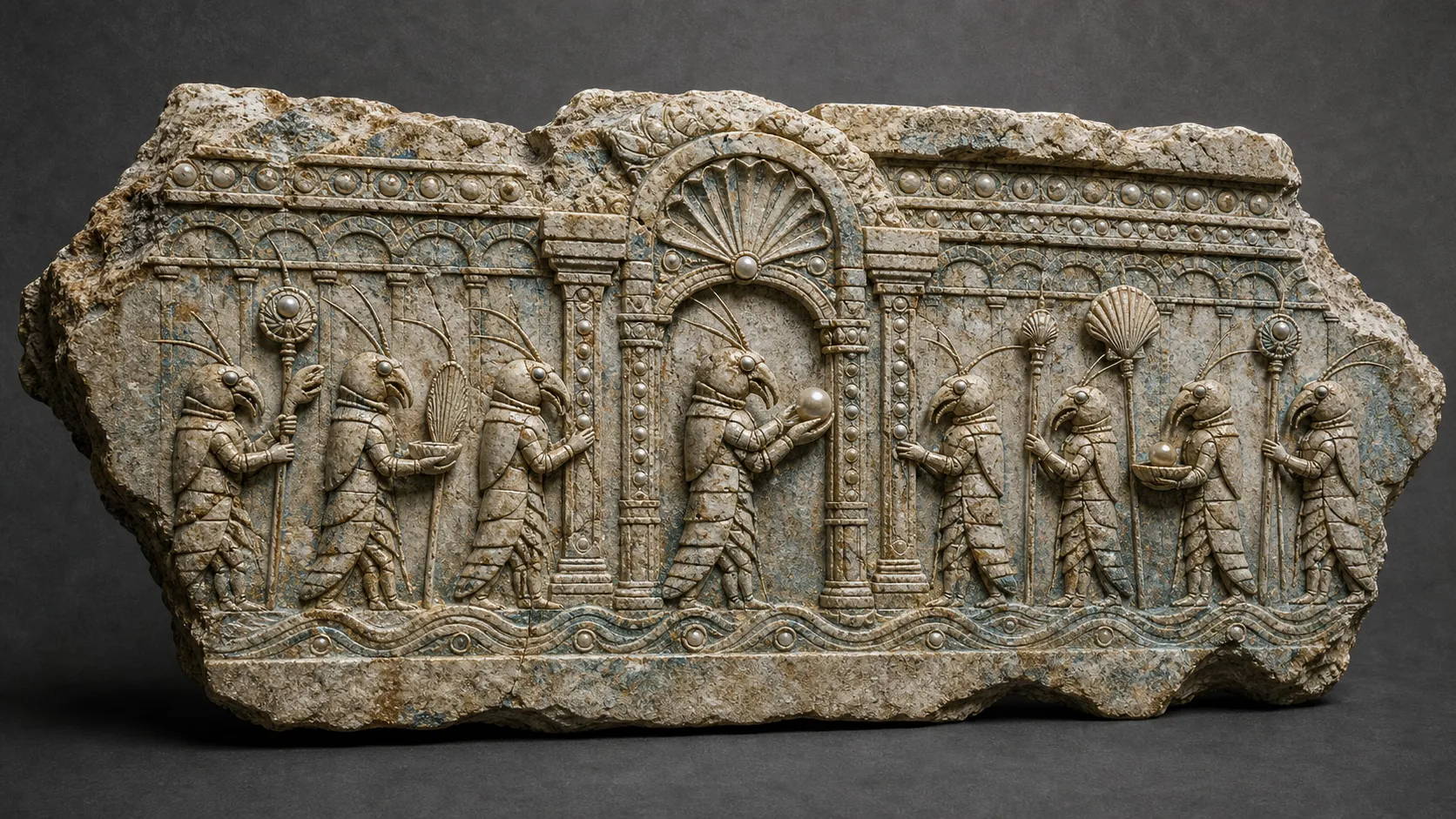 A broken shell-limestone frieze showing shrimp-folk priests, a tide temple gate, shell standards, current bands, and chipped edges.