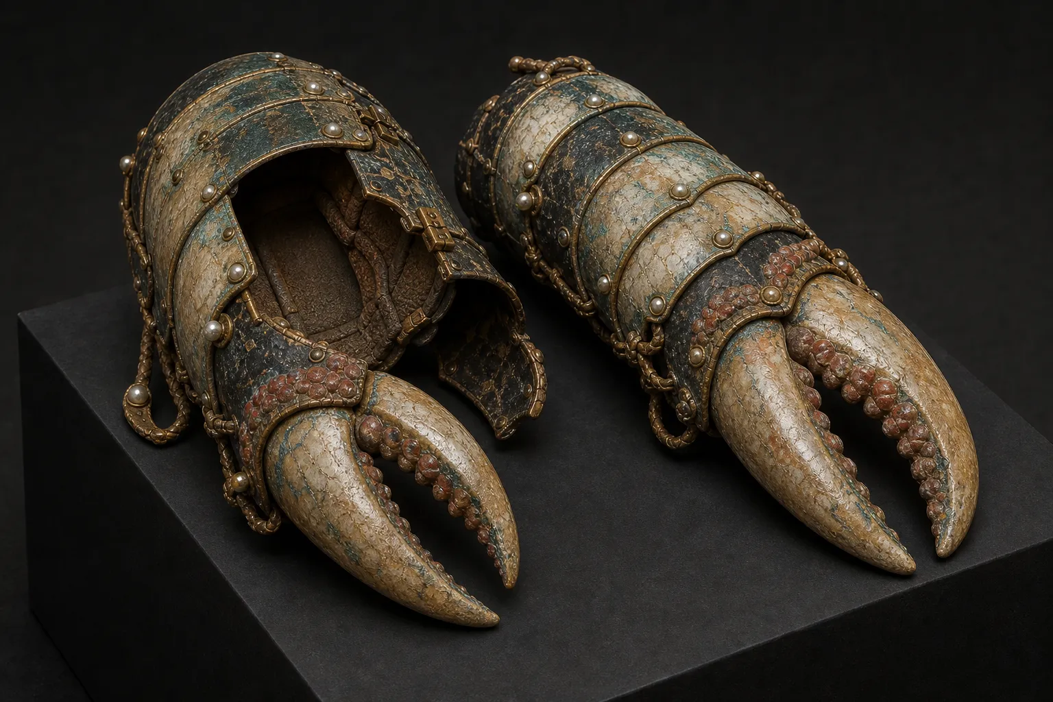 A paired set of shell-gold protective claw guards with hinged plates, coral ridges, pearl rivets, retention loops, and worn interior padding.