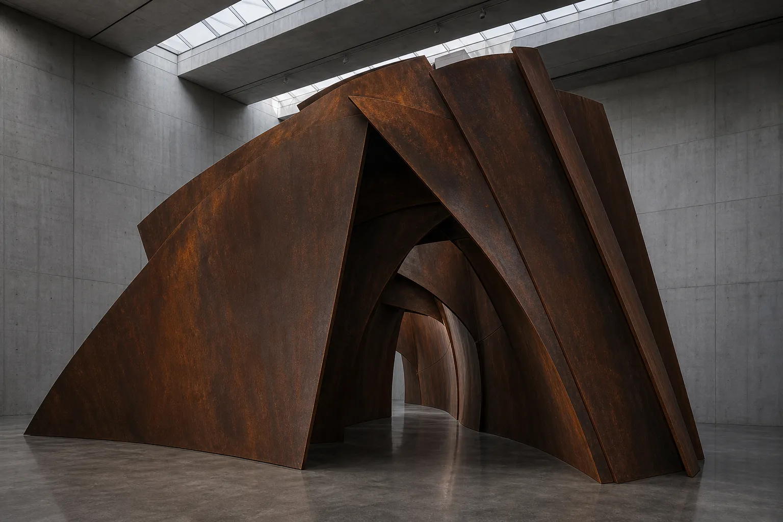 A monumental weathered-steel passage in a concrete gallery, formed from overlapping torqued plates with a dark walk-through opening.