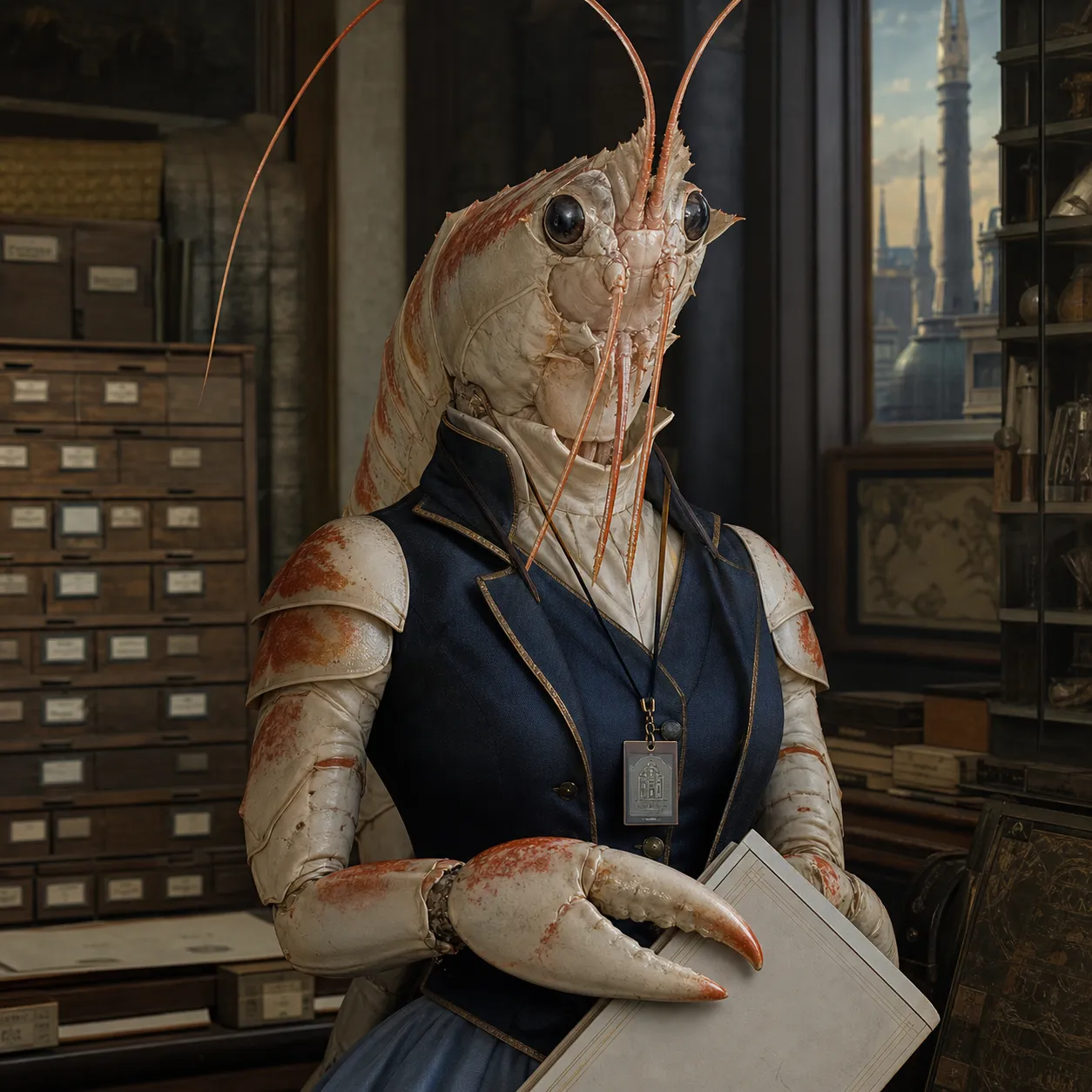 Tova Nerit, a shrimp-folk collections executive in an ink-blue jacket, holding a ledger in an archive room.