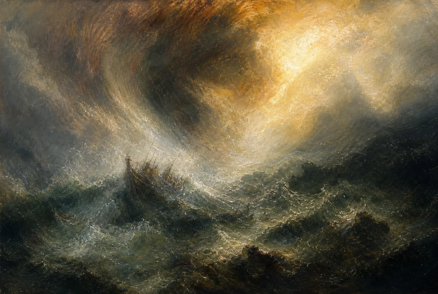 A Turner-like near-abstract storm seascape with a small reef boat nearly swallowed by luminous waves, spray, and cloud.