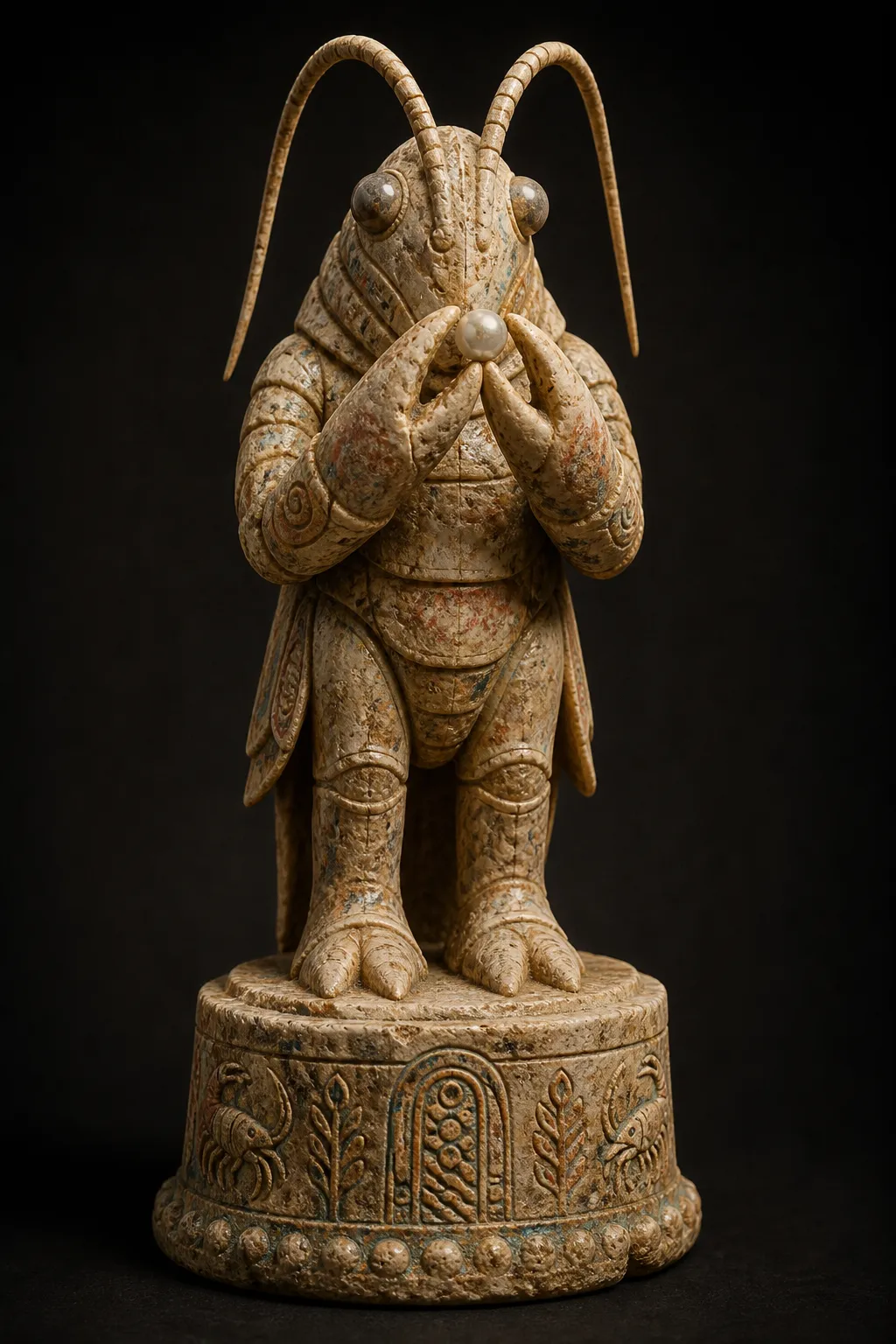A small coral-stone votive figure of an upright shrimp-folk devotee with raised claws, bowed antennae, and a pearl offering.