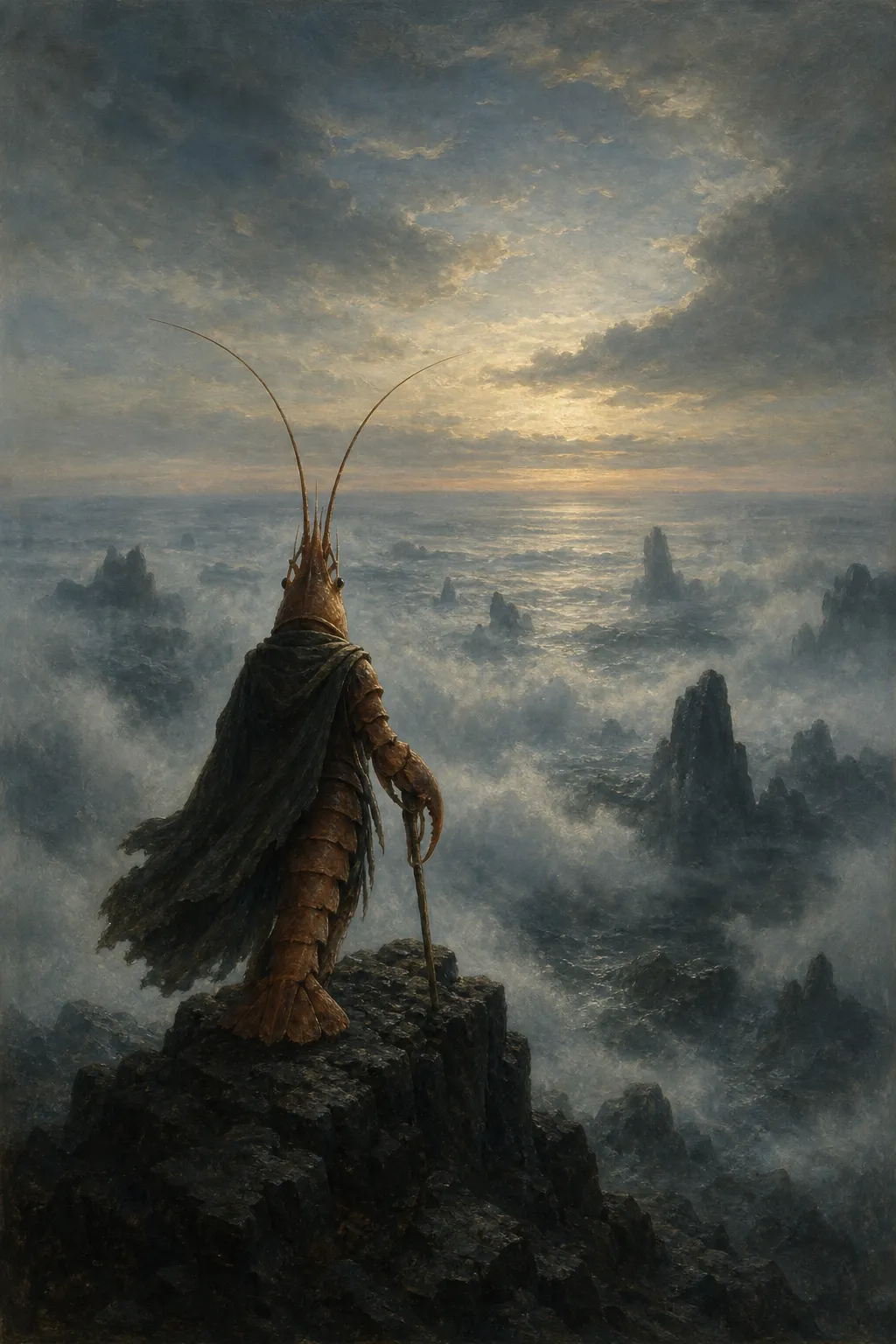 A Friedrich-like Romantic painting of a cloaked shrimp-folk figure seen from behind on a black reef cliff above a vast misty ocean.