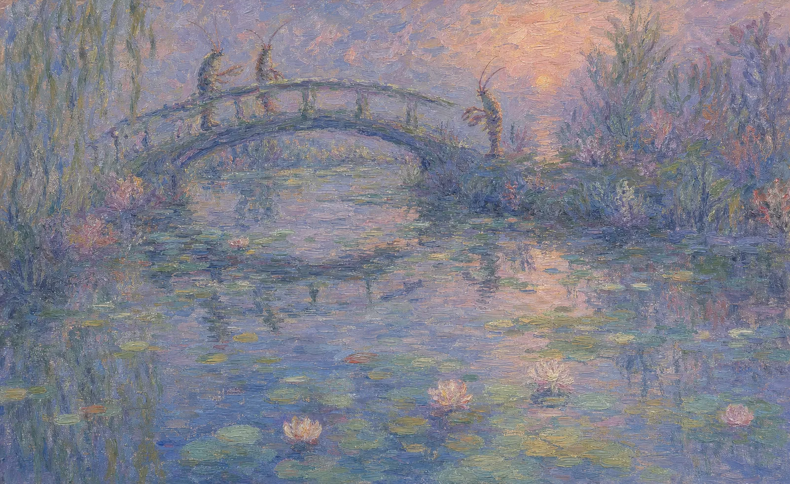 A Monet-like shrimp-folk reef garden pond with water lilies, soft reflections, an arched bridge, and subtle shrimp-folk figures in loose brushwork.