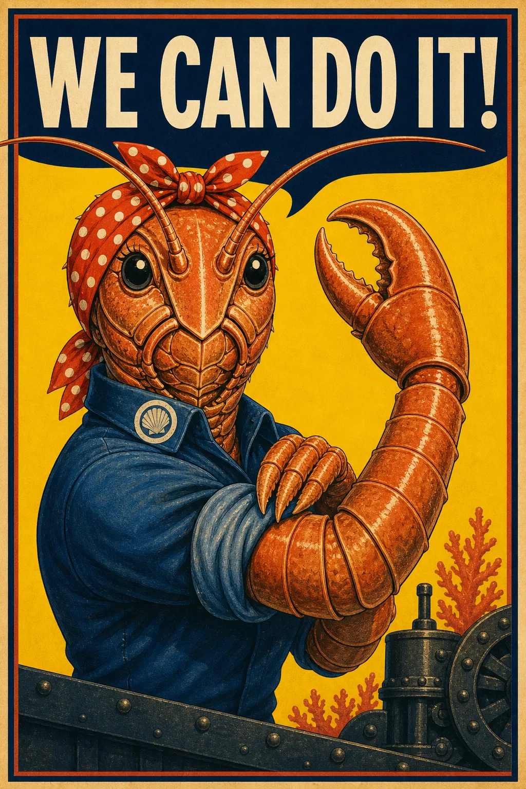 A Rosie the Riveter-like shrimp-folk labor poster with the readable words WE CAN DO IT! above a determined worker flexing a clawed arm.