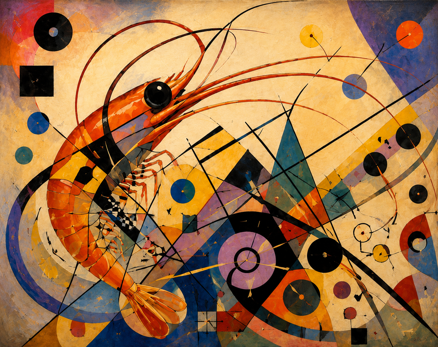 An abstract shrimp-folk composition inspired by Kandinsky with bold geometric forms and layered colors.