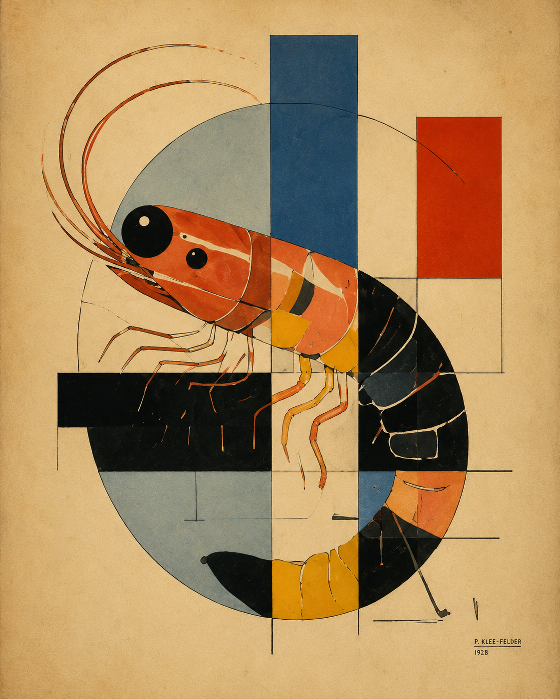 A whimsical shrimp-folk composition inspired by Klee with symbolic linework and playful color blocks.