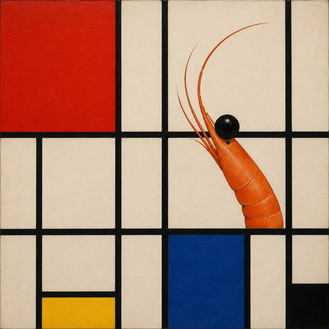 A shrimp-folk reinterpretation of a Mondrian-style grid with primary colors and bold black lines.