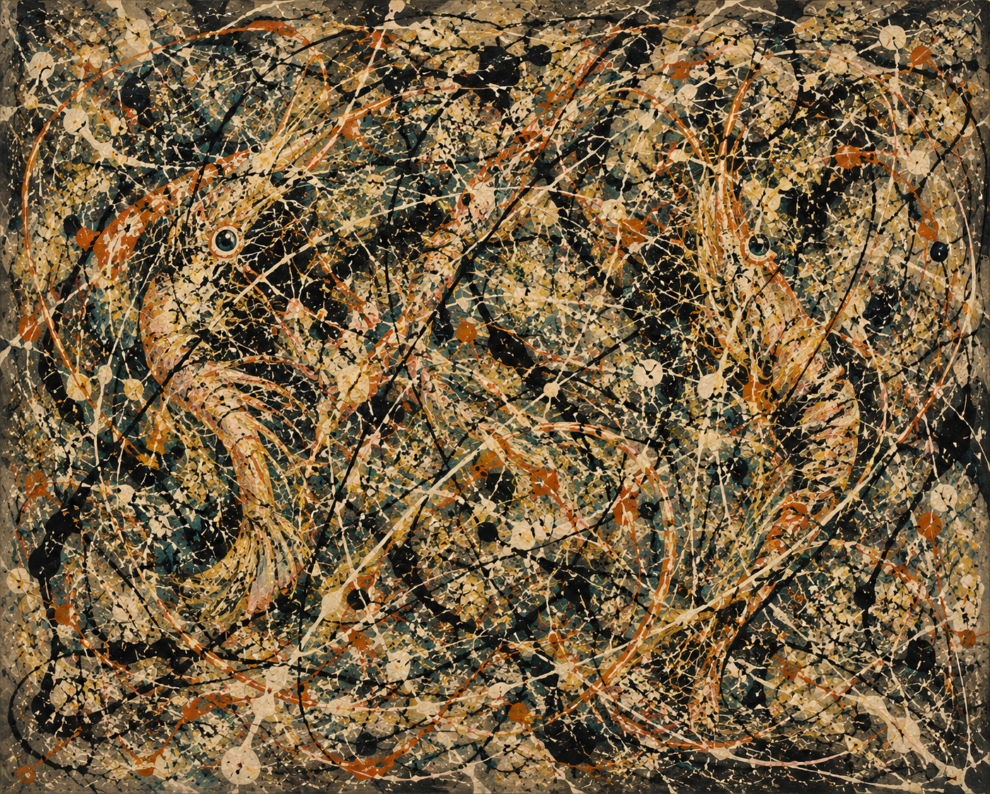 A Pollock-like abstract expressionist painting with tangled splatters, looping shrimp forms, antenna-like arcs, and black, cream, teal, and orange paint.