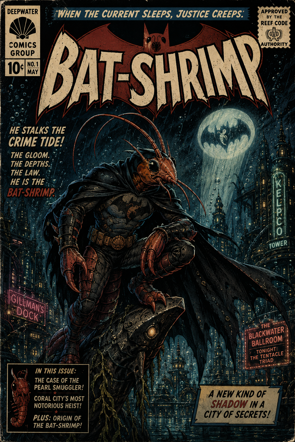 A dark pulp comic cover for Bat-Shrimp showing a caped shrimp-folk vigilante crouched above an underwater city at night.