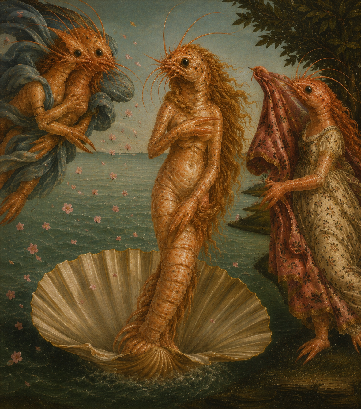 A shrimp-folk reinterpretation of Botticelli's Birth of Venus with a central figure standing in a shell as robed attendants gather at the shore.