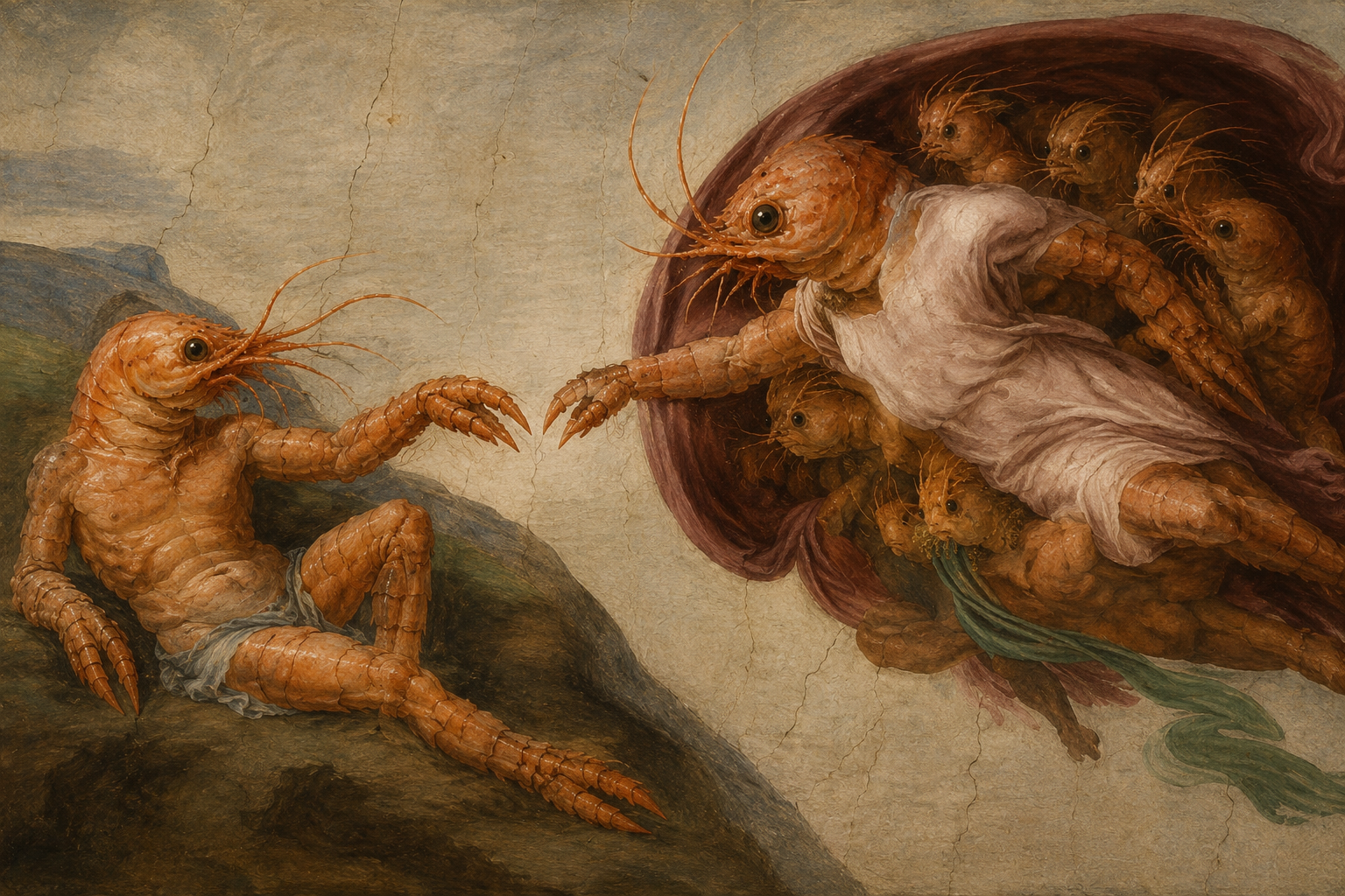 A shrimp-folk reinterpretation of Michelangelo's Creation of Adam with two clawed figures reaching toward each other across an open field.