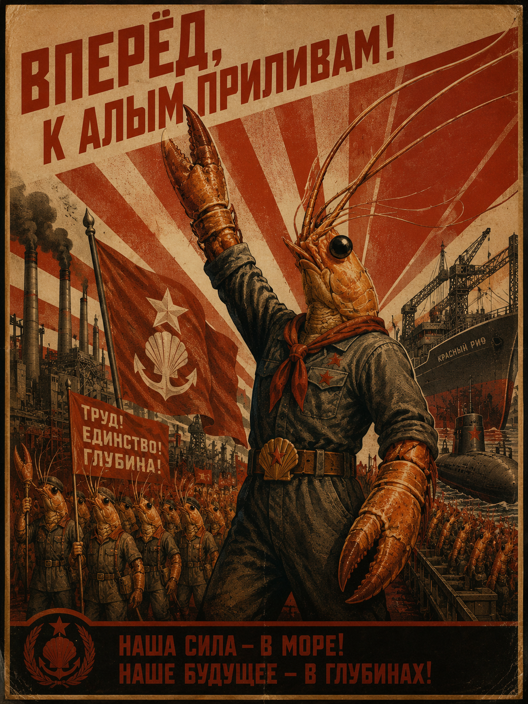 A red industrial propaganda poster showing a shrimp-folk worker raising a claw amid factories, ships, submarines, banners, and marching workers.