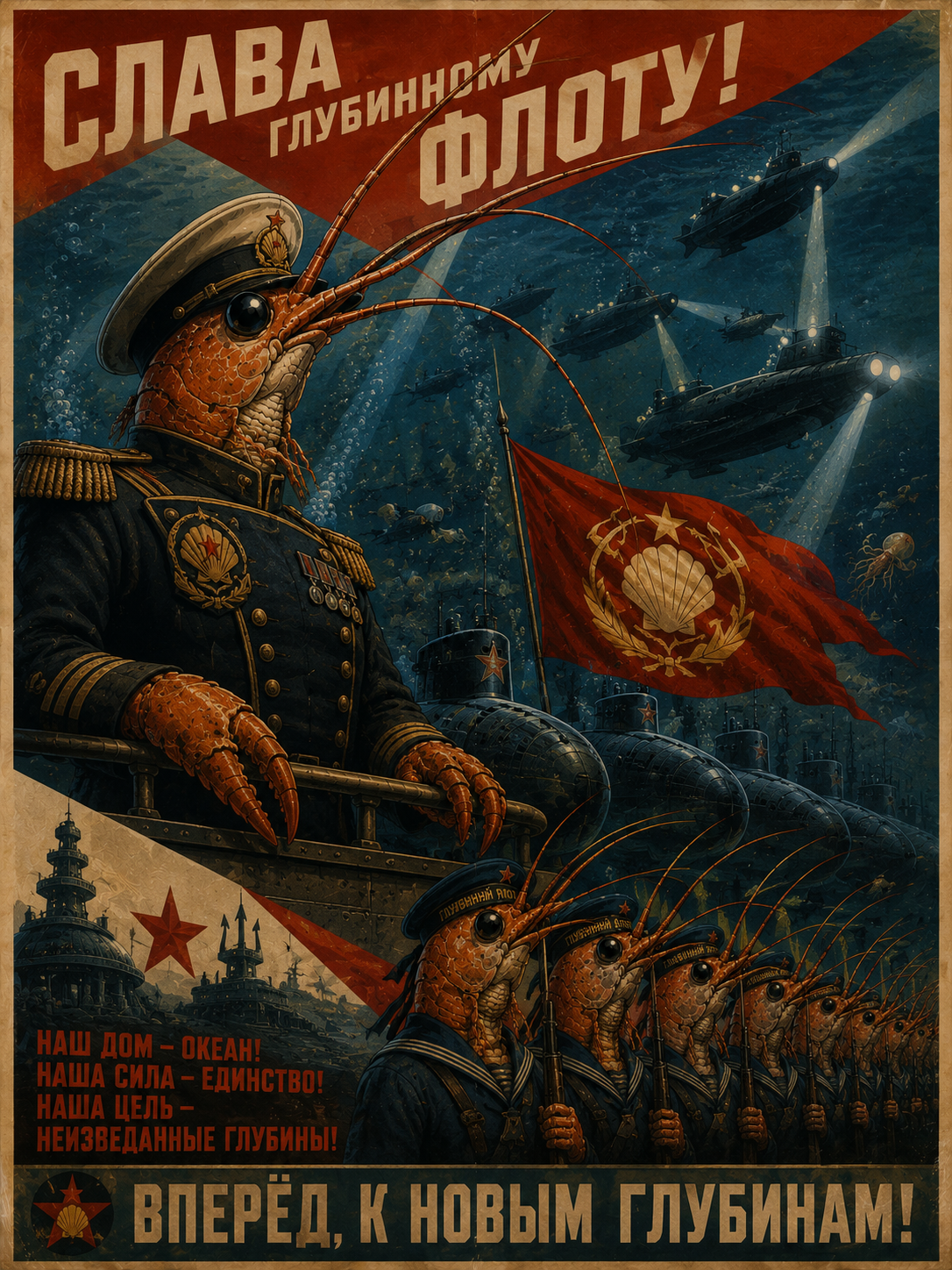 A Soviet-style shrimp-folk naval propaganda poster with a decorated officer, red fleet banner, submarines, and marching sailors.