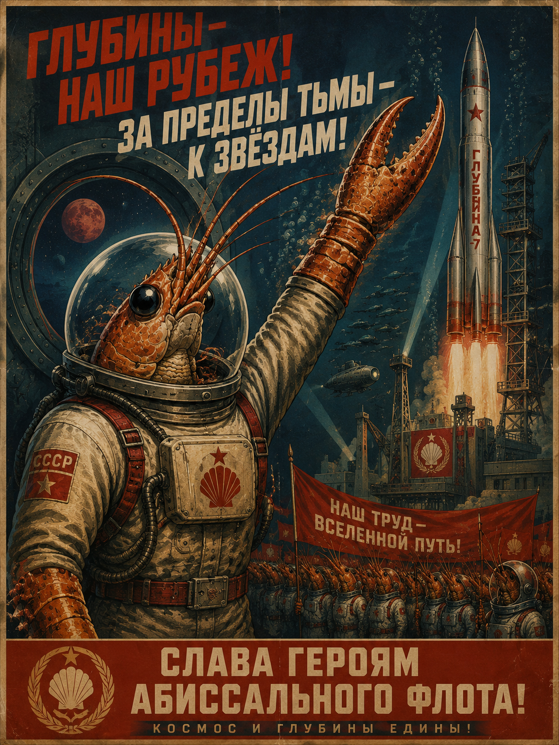 A retro Soviet-style poster of a shrimp-folk cosmonaut in a pressure suit raising a claw beside a rocket, red banners, and a massed crowd.