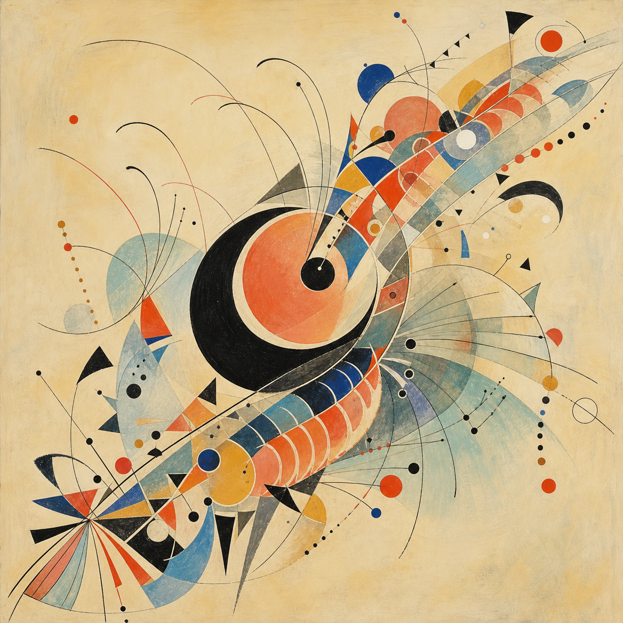 A kinetic Kandinsky-like shrimp-folk abstraction with a sweeping diagonal current, segmented shell bands, antenna lines, and coral-blue geometry.