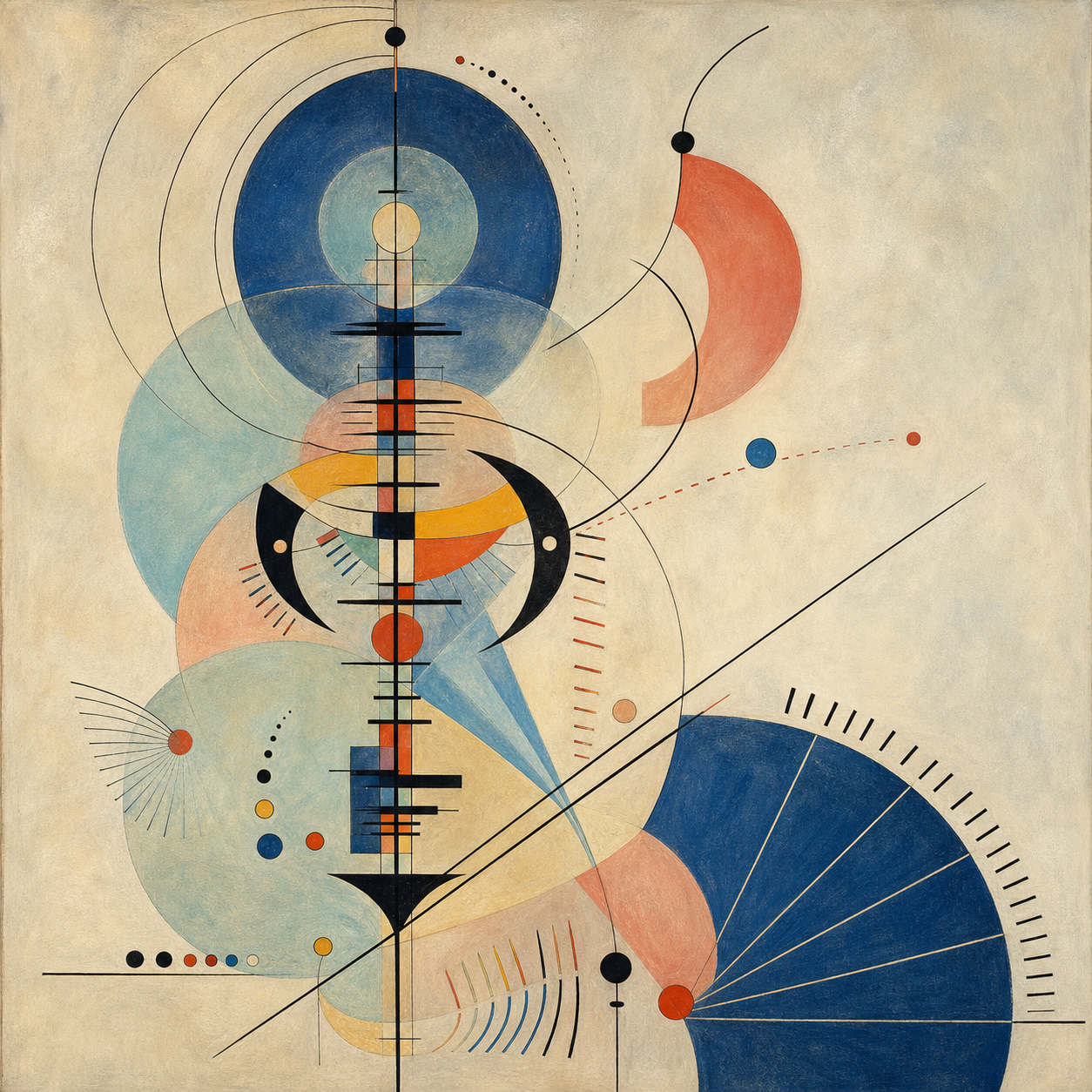 A restrained Kandinsky-like shrimp-folk abstraction with stacked circles, black axial lines, claw crescents, and a blue fan form.