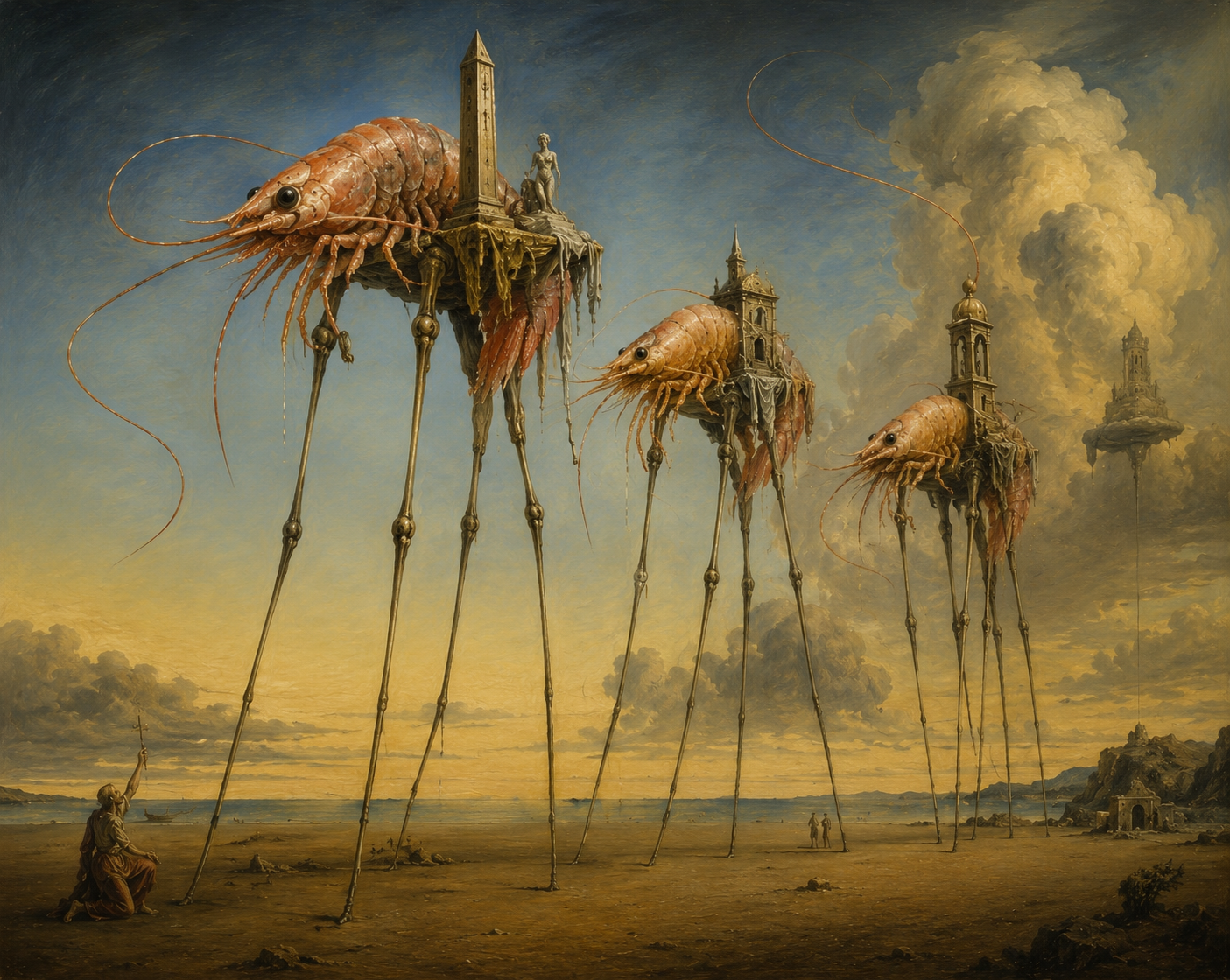 A surreal landscape of giant shrimp-like carriers on impossibly long legs bearing towers, statues, and small architectures across a luminous plain.