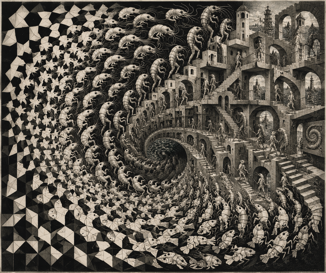 A black-and-white Escher-like shrimp-folk scene where tessellated forms spiral into impossible stairways and architectural spaces.
