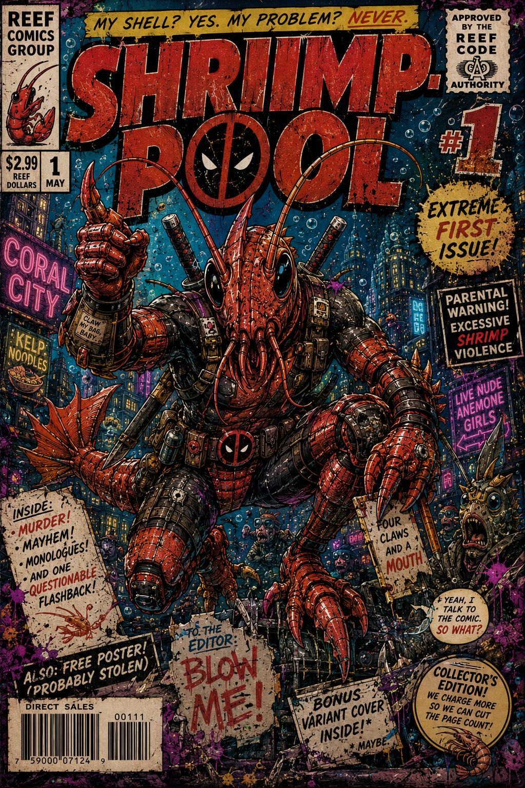 A chaotic underwater comic cover for Shrimp Pool showing an armored red shrimp-folk antihero leaping through neon Coral City.
