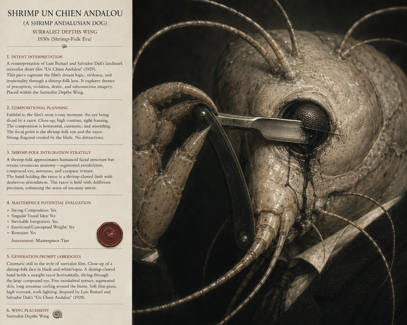 A sepia curatorial study plate showing a shrimp-folk face in close-up as a razor crosses its compound eye, with explanatory museum notes at left.