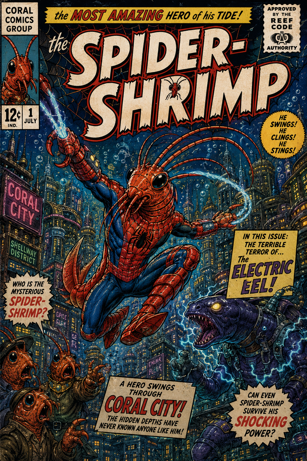 A vintage comic cover for The Spider-Shrimp showing a red-and-blue shrimp-folk hero swinging through Coral City toward an electric eel villain.