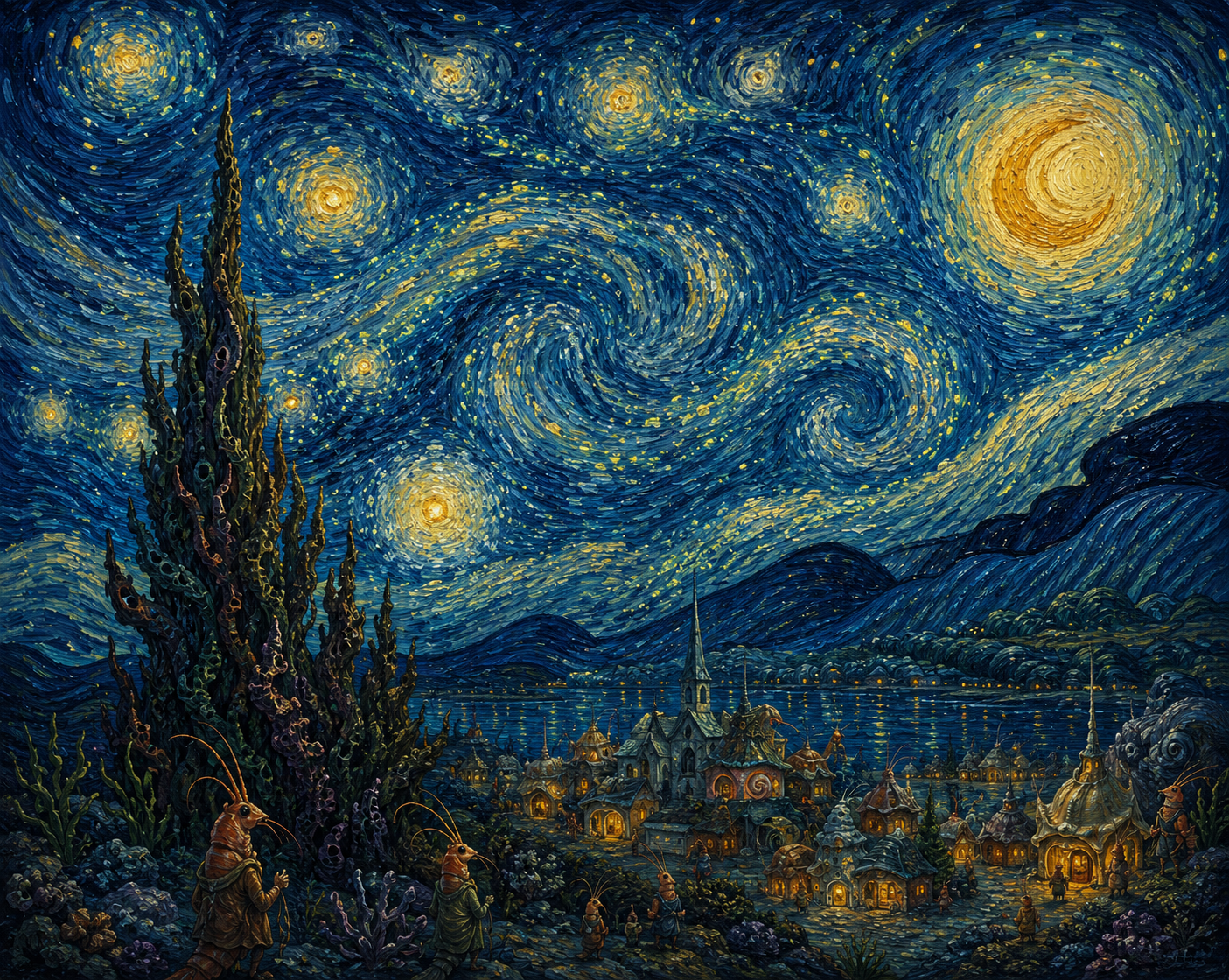A shrimp-folk reinterpretation of The Starry Night with swirling blue sky, glowing stars, reef-like cypress forms, and a village beside water.