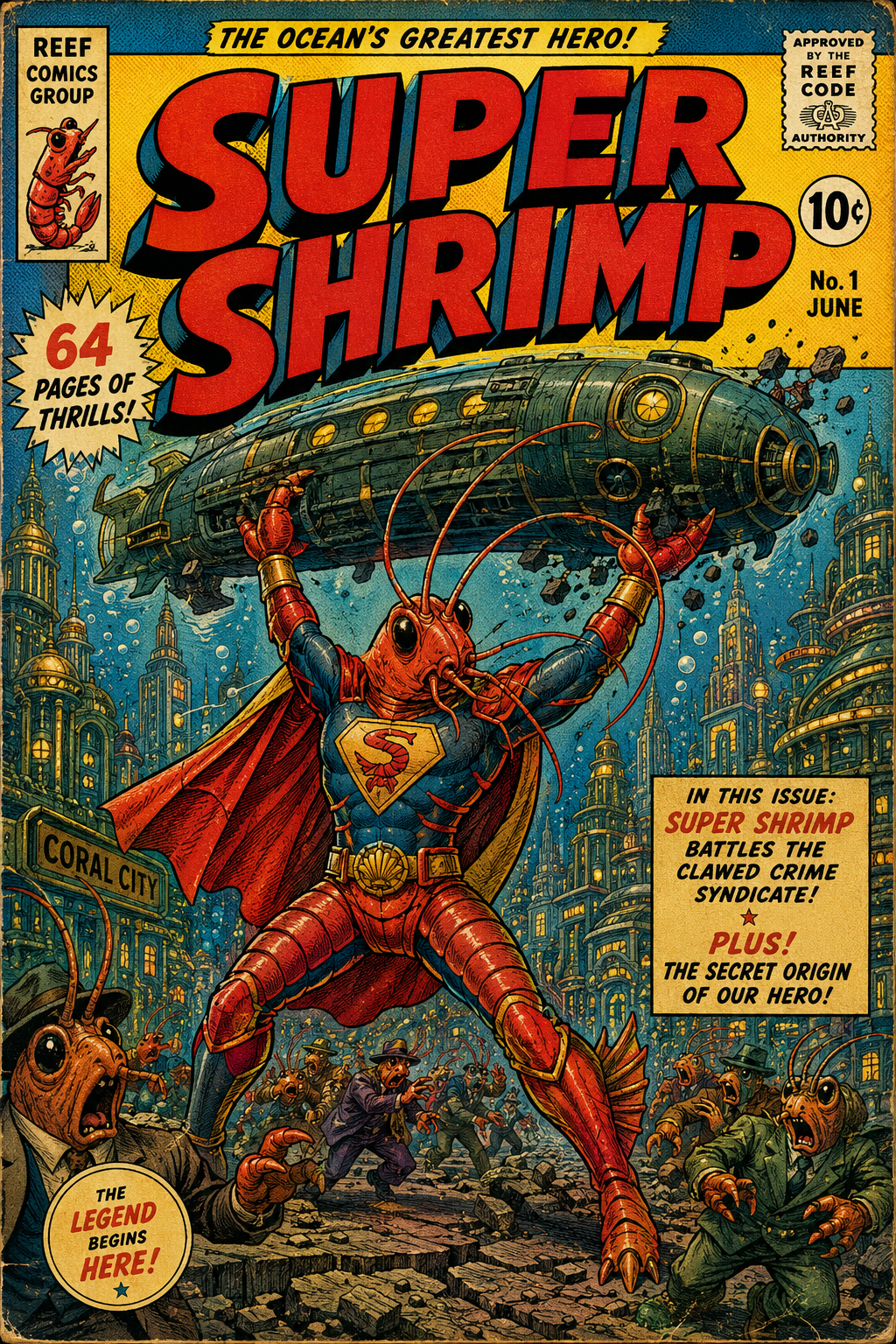 A bright vintage comic cover for Super Shrimp showing a caped shrimp-folk hero lifting a submarine above Coral City.