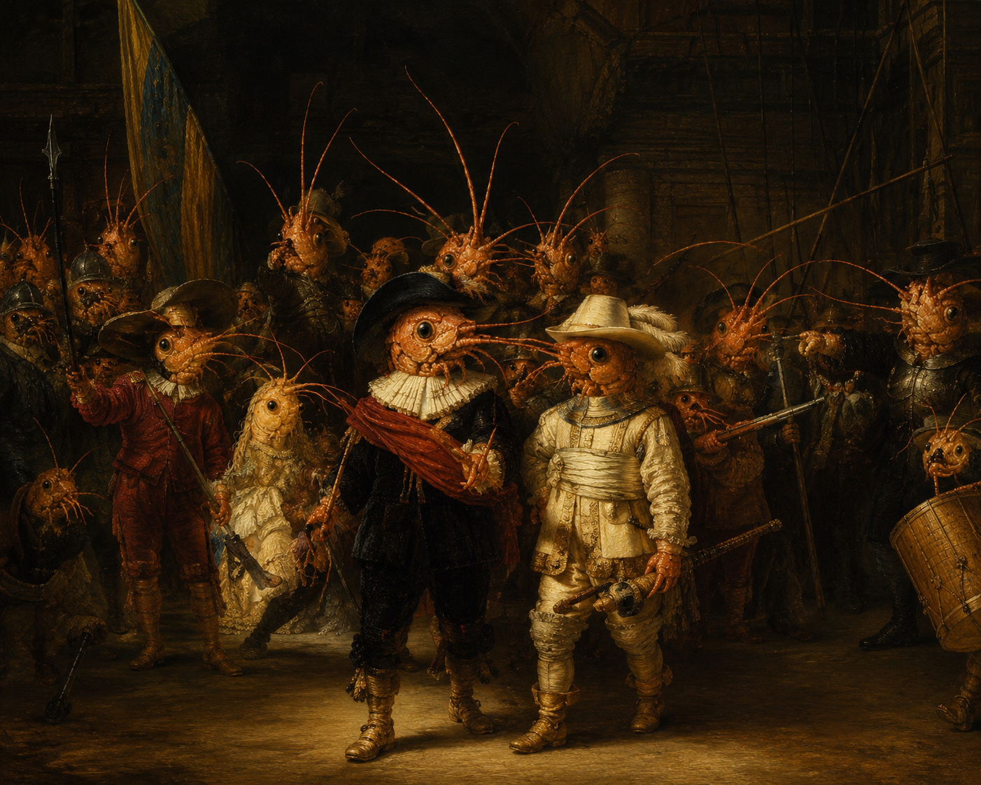 A Rembrandt-like shrimp-folk civic guard portrait with richly dressed central figures, banners, spears, helmets, and dramatic golden light.
