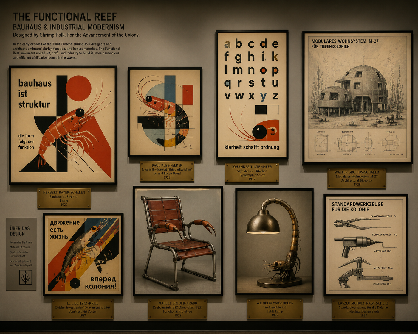 A museum wall of Bauhaus-inspired shrimp-folk posters, alphabet studies, architectural plans, furniture, tools, and industrial design objects.