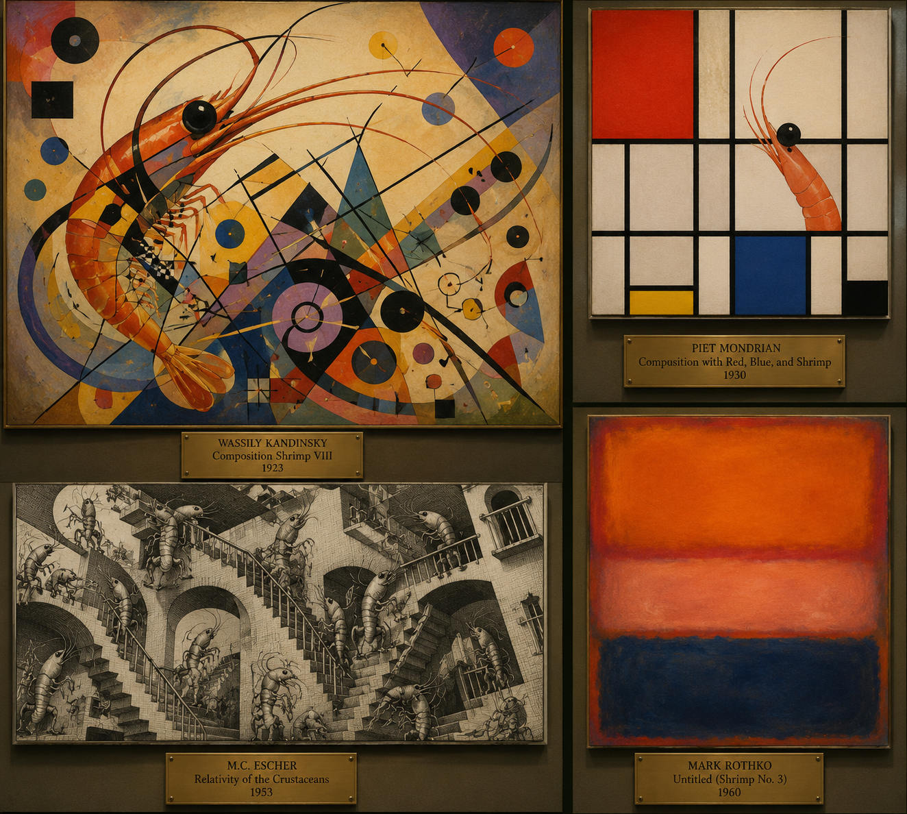 A museum wall grouping shrimp-folk reinterpretations of Kandinsky, Mondrian, Escher, and Rothko with brass labels.