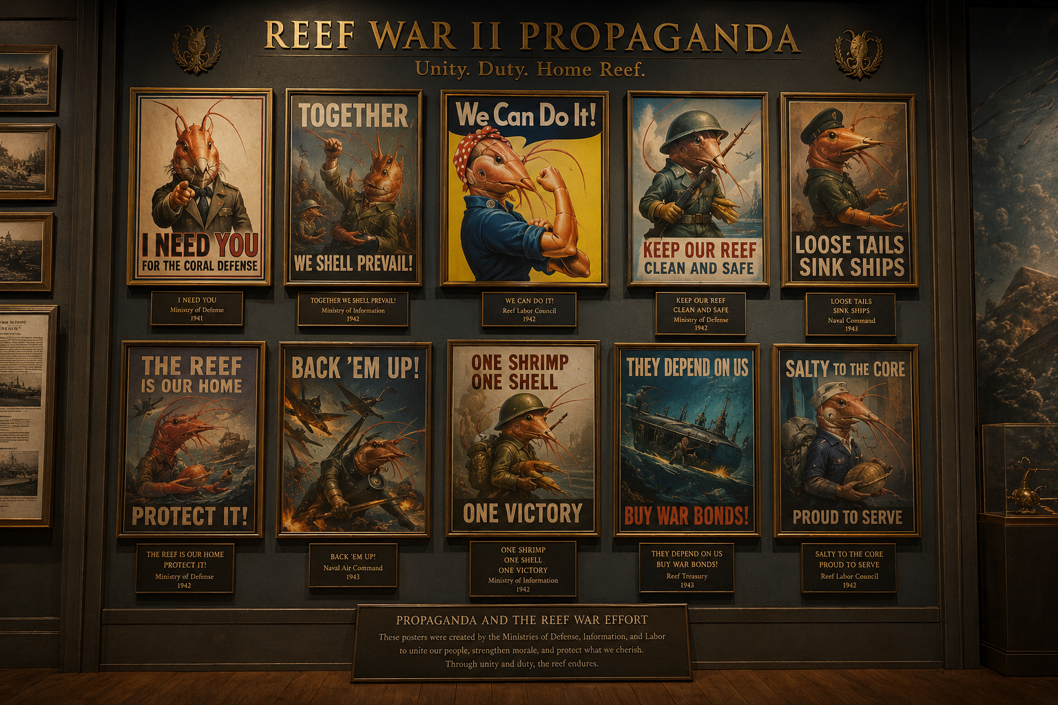 A museum installation wall of shrimp-folk wartime propaganda posters with recruitment, service, labor, bond, and defense themes.